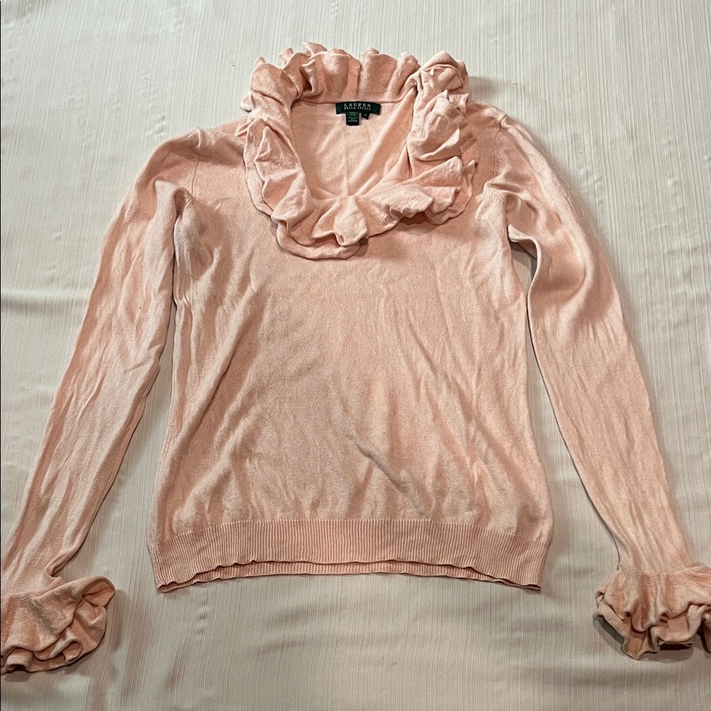 Ralph Lauren brand blush pink cashmere and silk ruffled sweater